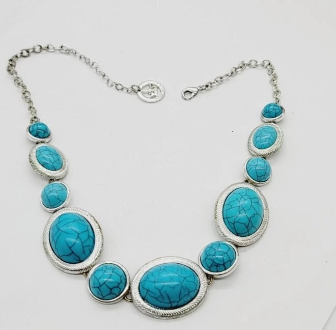 Trifari Necklace Faux Turquoise Silver Tone 19 in - Image 1 of 4