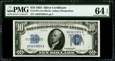 $10 1934 Silver Certificate Fr#1701 (AA Block) PMG 64 EPQ Choice Uncirculated - Image 1 of 3