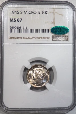 1945-S "MICRO S" Mercury Dime NGC/CAC grading MS 67 "Area of Blue Toning on Obv" - Image 1 of 4