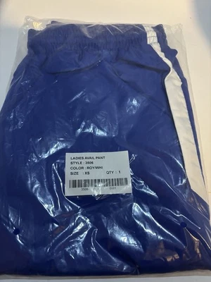 Calças de atletismo femininas XS azuis e brancas com bolsos laterais e pernas com zíper - Imagem 1 de 4