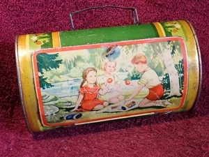 VINTAGE 1940-s COLORFUL VASCULUM TIN BAG BOX TUBE - Picture 1 of 11