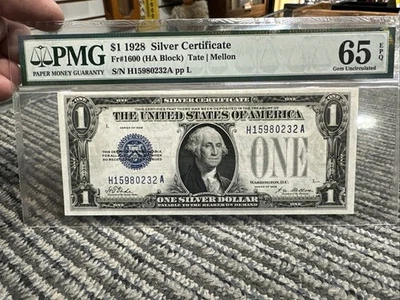 US 1928 $1 Silver Certificate FR 1600 PMG 65 EPQ GEM CU (232) - Image 1 of 4