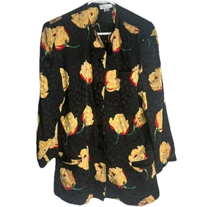 Camisa Vintage Silks by St Gillian Negra Amarilla Floral Botón 100% Seda - Imagen 1 de 7