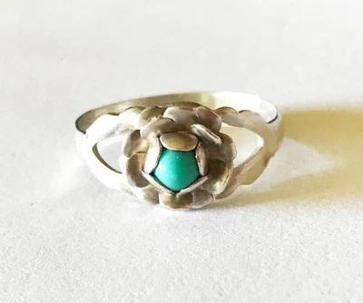 Anillo de Plata de Ley 925 Floral Hecho a Mano Turquesa Talla 6 Firmado México DE COLECCIÓN TAXCO Foto 1 de 4