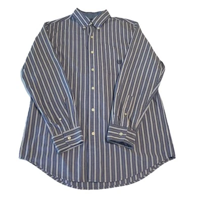 Camisa de vestir Chaps azul negro blanco a rayas manga larga fácil cuidado con botones mediana Foto 1 de 4