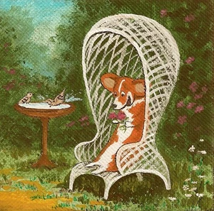 PRINT OF PAINTING RYTA PEMBROKE WELSH CORGI FOLK ART FAIRY garden flowers dog 🌺 - Imagen 1 de 1