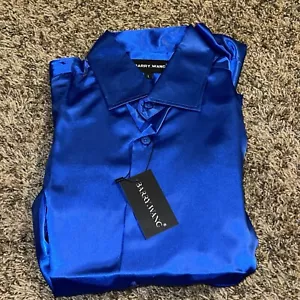 Mens Dress Silk Shirt Long Sleeve Black Blue Casual Button Down Shirts Large - Picture 1 of 3
