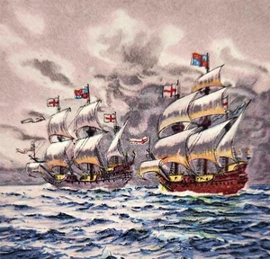 Cartolina di Natale vintage armata spagnola galeone navi stampata Gran Bretagna A5 - Foto 1 di 2
