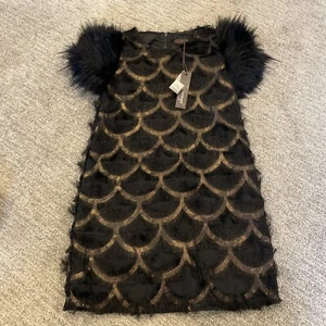 imoga Dress Metallic Scale Pattern Faux Fur Trim NWT Copper And Black Size 7 - Picture 1 of 6