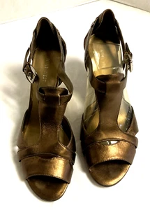 Nine West Sandals Strappy 3” High Heel Faux Leather Gold/Bronze Size 8M - Picture 1 of 6