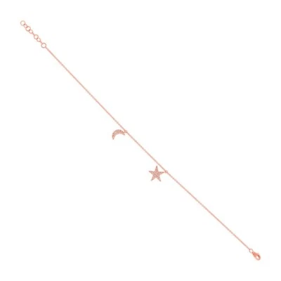 14K Rose Gold Diamond Anklet Moon Star Women Natural Round Pave .15CT Adjustable - Image 1 of 2