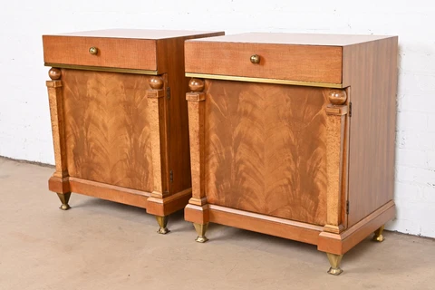 Romweber Empire Mahogany, Burl Wood, and Brass Nightstands, Newly Refinished Cover