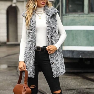 Women Sherpa Outwear Vest Fuzzy Tank Button Down Casual Warm Sleeveless Coats - Picture 1 of 22