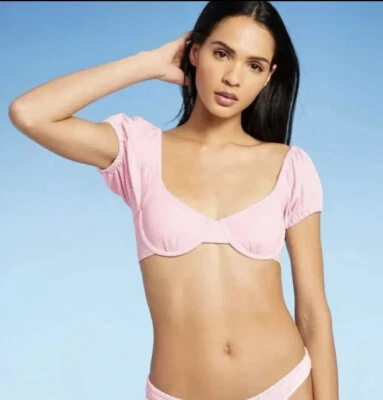 Xhilaration Women’s M Medium 4-6 Bikini Top Pink Puff Sleeve Textured Underwire - Image 1 of 4