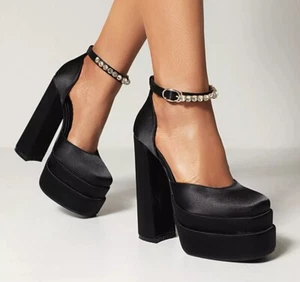 High Heel Platform Dress Shoes Satin Square Toe Ankle Strap D'Orsay Pumps UK34 - Imagen 1 de 5