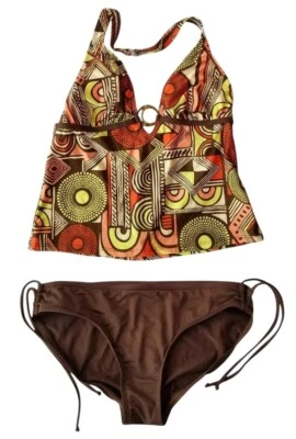 Daisy Fuentes два изделия купальный костюм геометрический коричневый оранжевый желтый женщин размер M/L - Изображение 1 из 4