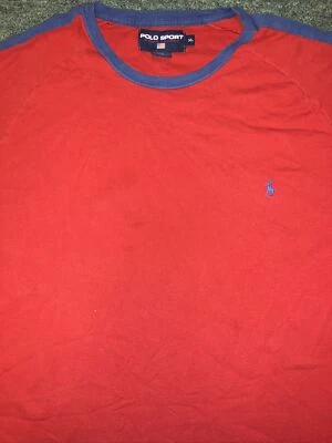 Polo Sport Ralph Lauren Men XL Vintage Tshirt Red With Navy Stripe Logo Horse  - Изображение 1 из 4