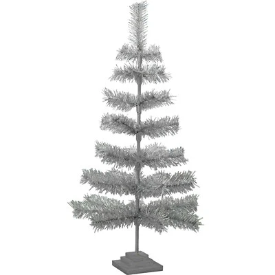 36" Silver Tinsel Christmas Tree Vintage Feather Style XMASS Holiday Decor 3FT - Image 1 of 4