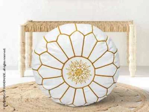 Moroccan Handmade Genuine Leather Boho Pouf Ottoman Footstool Pouffe White - Picture 1 of 8