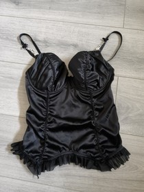 Ann Summers Black Satin & Diamonte Ruched & Frilled Corset Top Size 36C