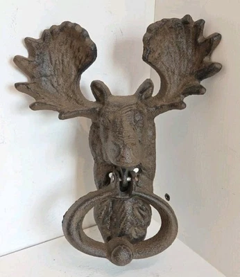 Llamador de puerta con cabeza de alce de hierro fundido rústico estilo antiguo 9 pulgadas de alto Foto 1 de 4