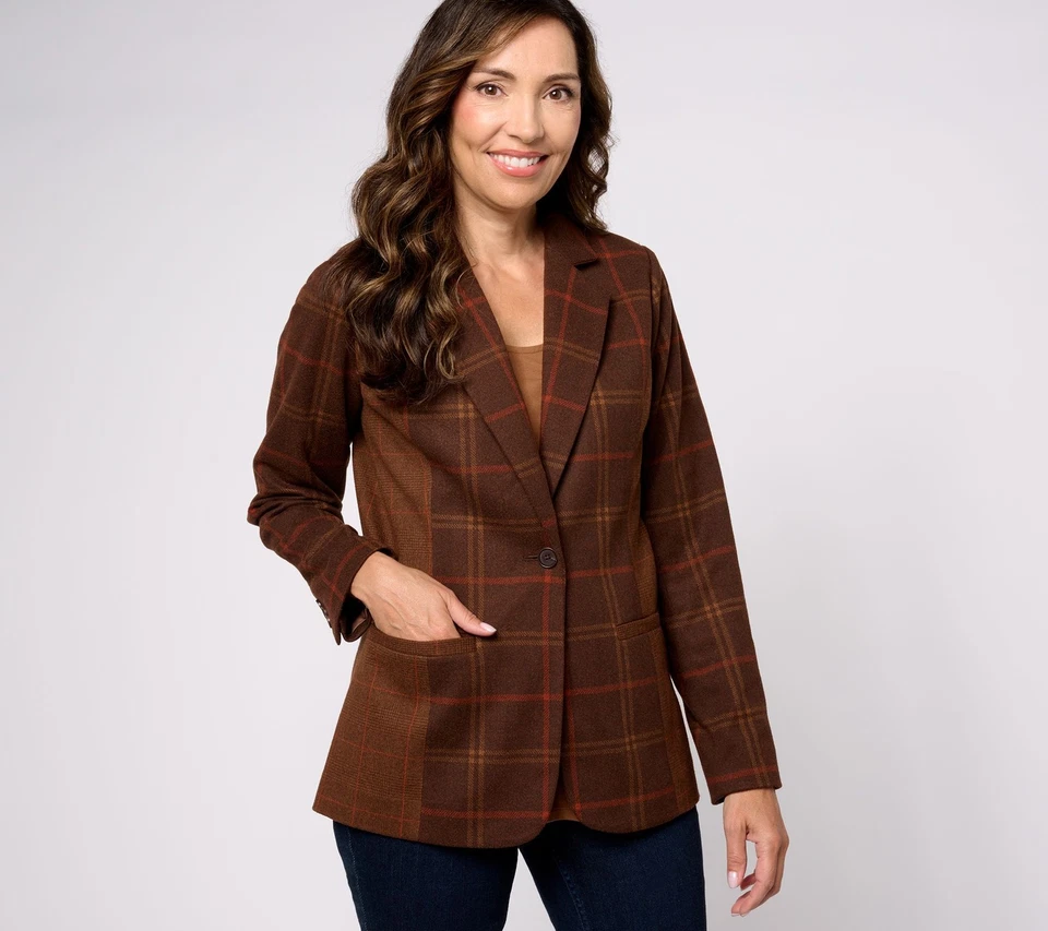 Isaac Mizrahi Live! Estate Yarn Dye Plaid Mixed Knit Blazer Coffee Bean 22W New - Image 1 of 1