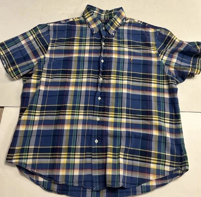 Camisa Ralph Lauren Para Hombre Talla XXL A Cuadros Manga Corta Con Botones Azul Amarillo Delgada Foto 1 de 4