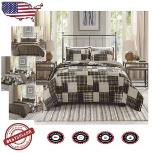 Luxury Cabin Quilt Bedspread 3 Pc Full/Queen Timber Black Brown Plaid Shams - Picture 1 of 15
