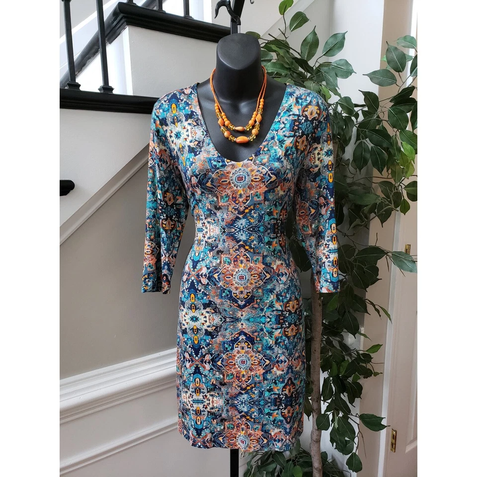 Karen Kane Knee Length Dress Womens Medium Multi Viscose Casual V Neck Back Zip - Image 1 of 4