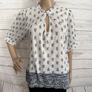 Lucky Brand Shirt Medium Semi-Sheer White Blue Paisley Floral Boho Chic Casual - Picture 1 of 12