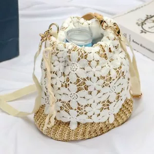 Summer Drawstring Backpack Women Beach Shoulder Hand Bag Crochet Straw Backpack - Picture 1 of 19