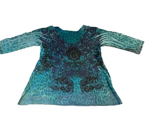 Apt. 9 Boho Tunika Oberteil mit V-Ausschnitt, 3/4 Ärmel türkis & blau 2XL Whimsigoth - Bild 1 von 13