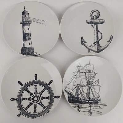 Set of 4 American Atelier Coastal Collection Salad Plates Nautical Ship Anchor