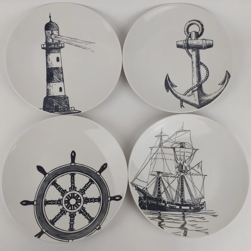 Juego de 4 Platos de Ensalada Colección Costera American Atelier Ancla Barco Náutico  Foto 1 de 4