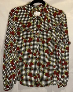 For The Republic Size M Black White Gingham Floral Long Sleeve Ruffle Top Blous - Bild 1 von 5