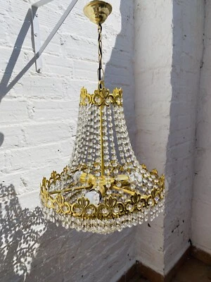 31" x 18" Vintage French Empire Chandelier Tiered Crystal Gold Brass Hollywood - Image 1 of 4