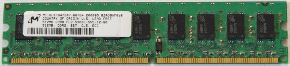 Micron 512MB PC2-5300 DDR2 ECC Desktop Memory 240-Pin DIMM SDRAM (MT18HTF6472AY) - Image 1 of 2