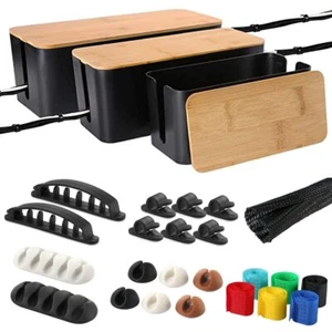 Cable Management Organizer Box Set 3 Pack Bamboo Lid Cable Concealer Box With 23 - Picture 1 of 8