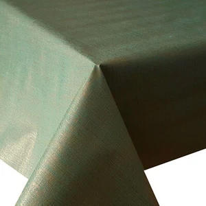 PVC TABLE CLOTH LINEN LOOK GREEN GOLD METALLIC CRISS CROSS THATCH XMAS WIPE ABLE - Picture 1 of 2