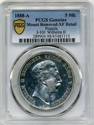 Rare 1888-A 5 Marks German States, Prussia, Wilhelm II - J-101 - PCGS XF Detail Foto 1 de 2
