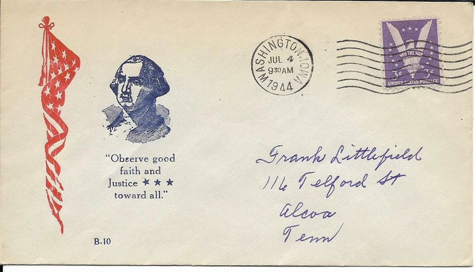 "Observe Good Faith and Justice toward all" Breen Patriotic Cachet PM Washington - Image 1 of 1