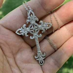2Ct White Round Cut Moissanite Antique Cross Pendant Solid 14K White Gold Plated - Picture 1 of 5