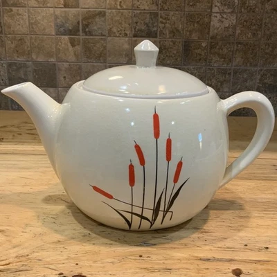 Porcelier Tea Pot Cattails Red Reed Pattern Vitreous Porcelain USA Mid Century - Image 1 of 4