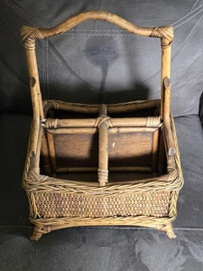 Vintage 70er Jahre Bambus Weidenkorb - Utensilien Caddy, Wein, Aufbewahrung 15x11x11 - Bild 1 von 16