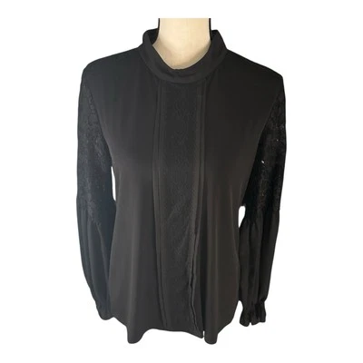 Karl Lagerfeld Women High Neck Long Sleeves Black Lace Blouse Size Medium - Image 1 of 4