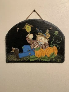 Welcome Autunno e Halloween dipinto a mano su ardesia paglia uomo, zucche girasoli - Foto 1 di 6