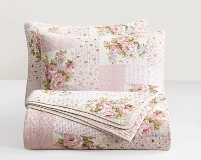 Rosy 3-Piece Queen Size Printed Patchwork Cotton Quilt Set - Pink Flower Flor... - Image 1 of 4