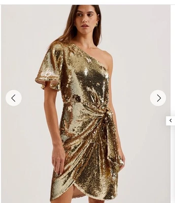 Ted Baker Paillettenkleid Damen TB 2 UK 10 Novaa Gold Pailletten One Shoulder Drape - Bild 1 von 4