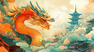 Leinwandbild Chinesischer Orange Drache Blauer Himmel Design Wandbild Poster Druck - Bild 1 von 22