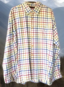 Mens Large Silk Wool Flannel Shirt Checkered Rainbow Plaid Long Sleeve Button Up - Picture 1 of 10